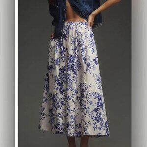 Anthropologie Maeve Jacie Blue Poplin Cotton Floral Full Midi Skirt